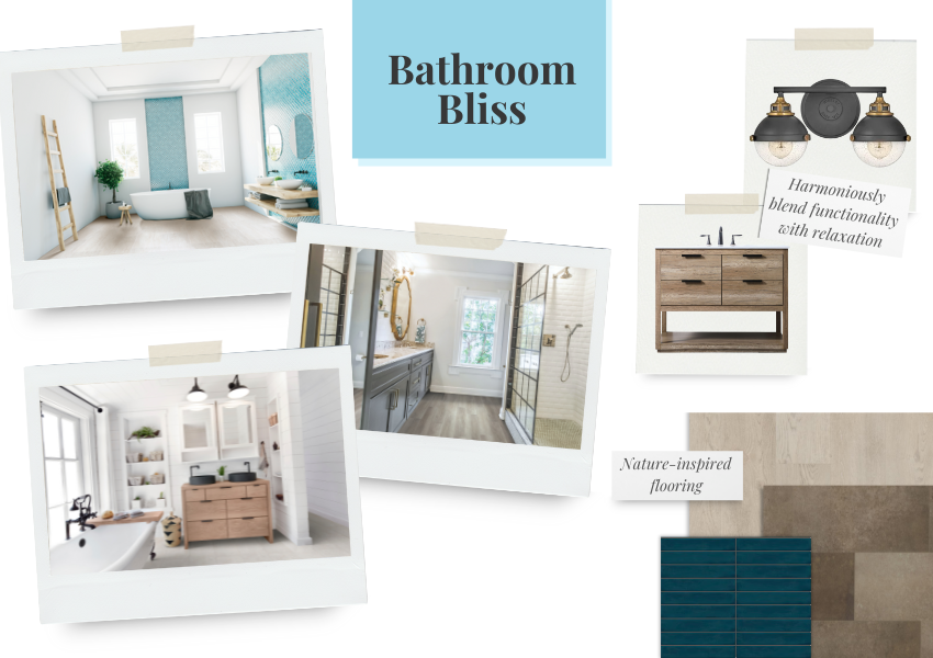 bathroom design mood board with flooring ideas and room scenes
